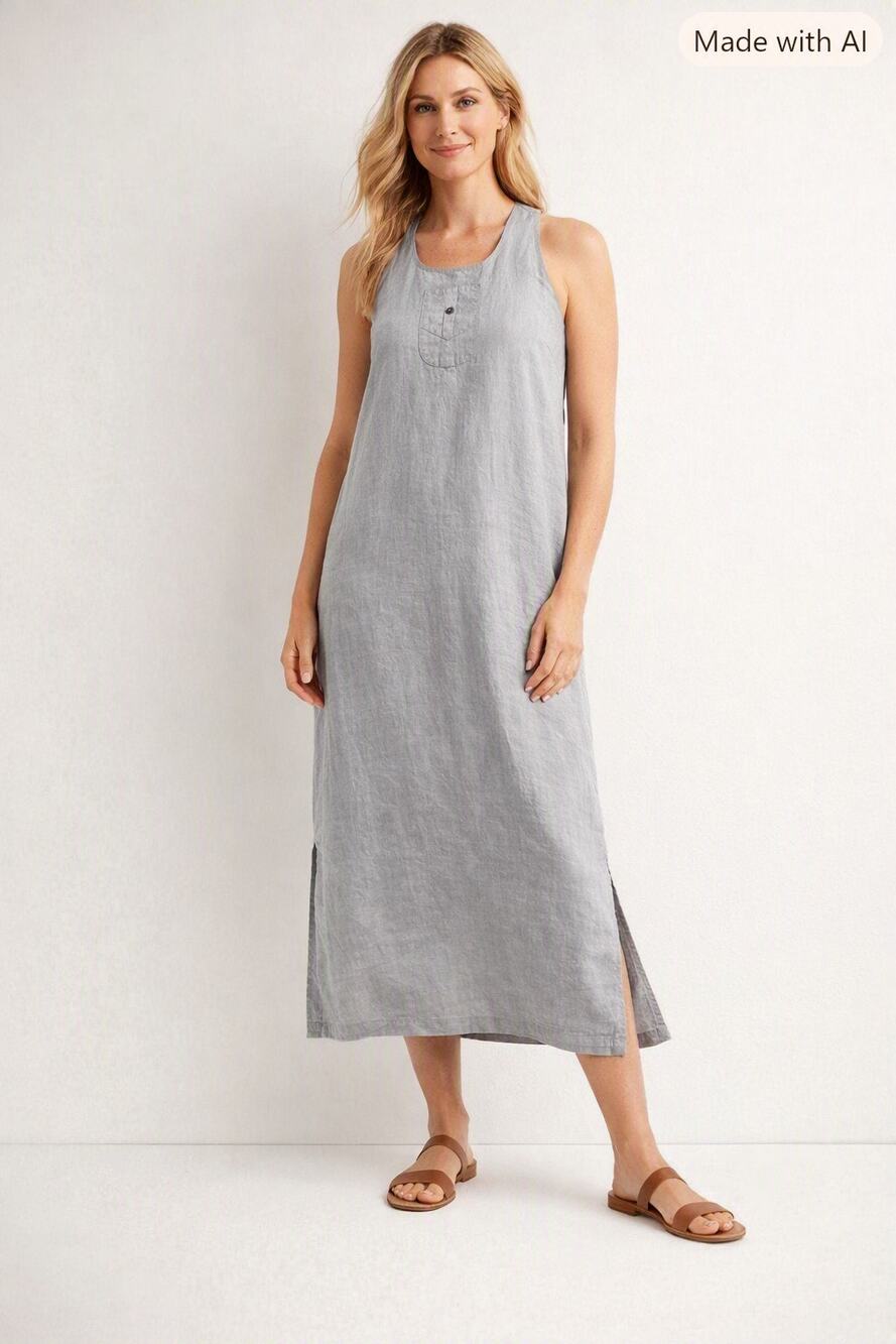 J.Jill 100% Linen Midi Dress Gray Sleeveless Size Small Apron Crossback Pockets